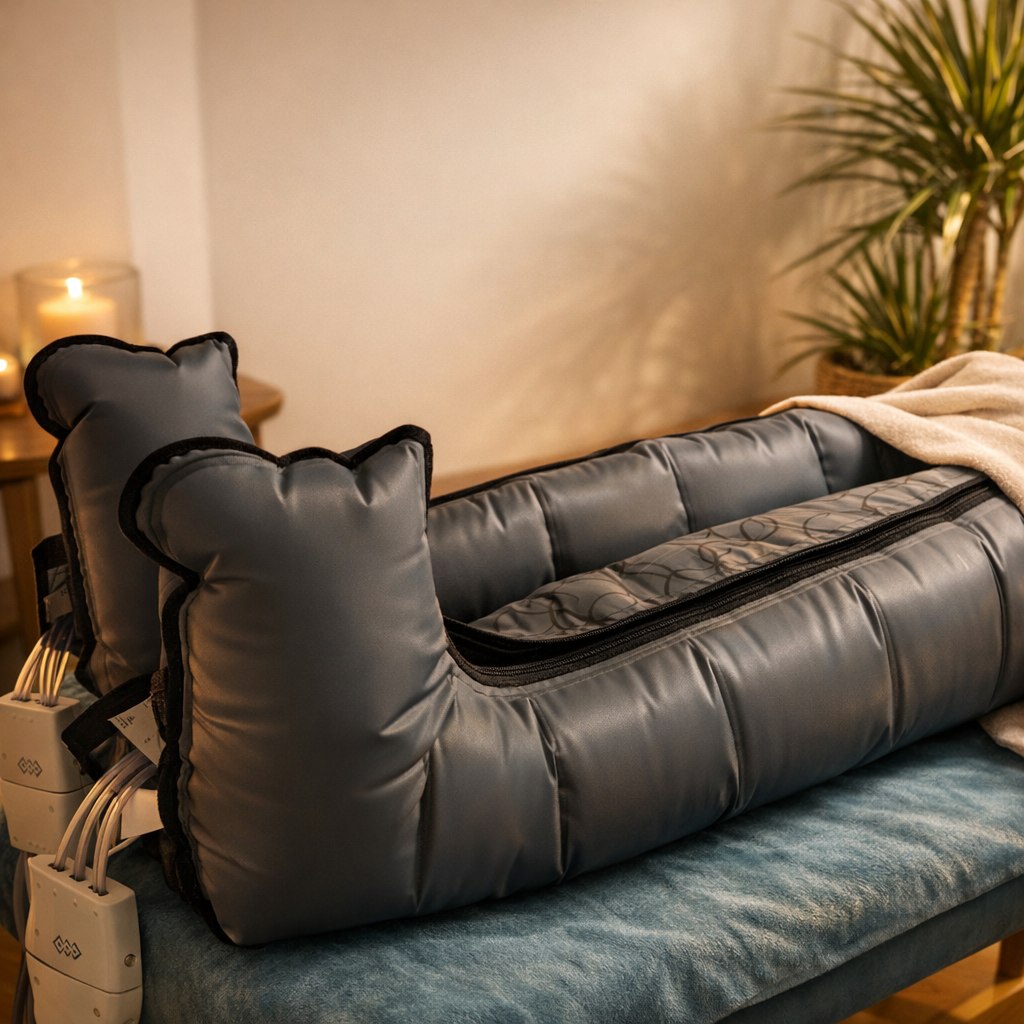 Bottes de pressothérapie sur table de soin — drainage lymphatique et récupération musculaire