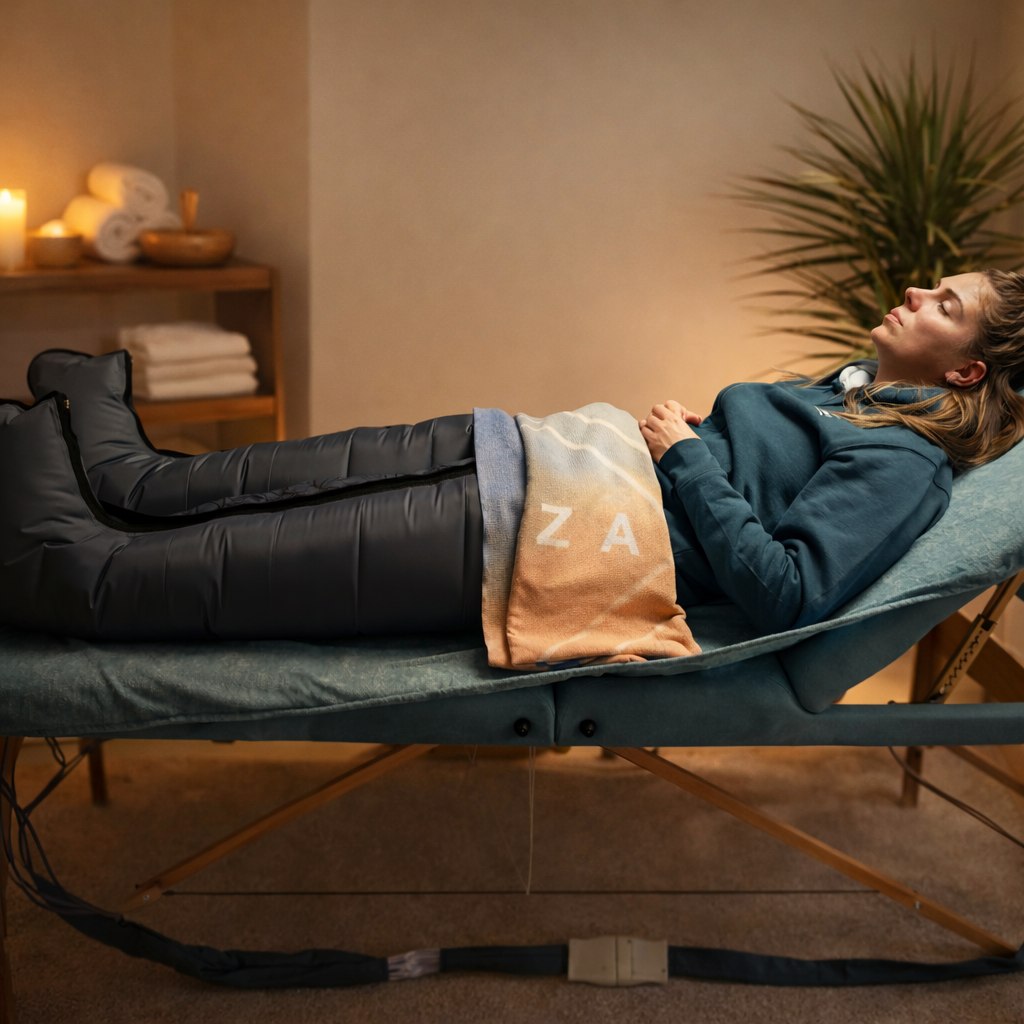 Séance de pressothérapie allongée — drainage lymphatique jambes par compression Body addiction